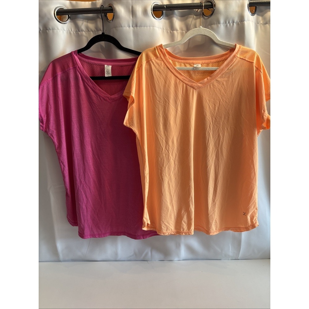2‎ Xersion 1 Orange & 1 Pink V-Neck Mesh Back Poly Nylon Top size L Workout